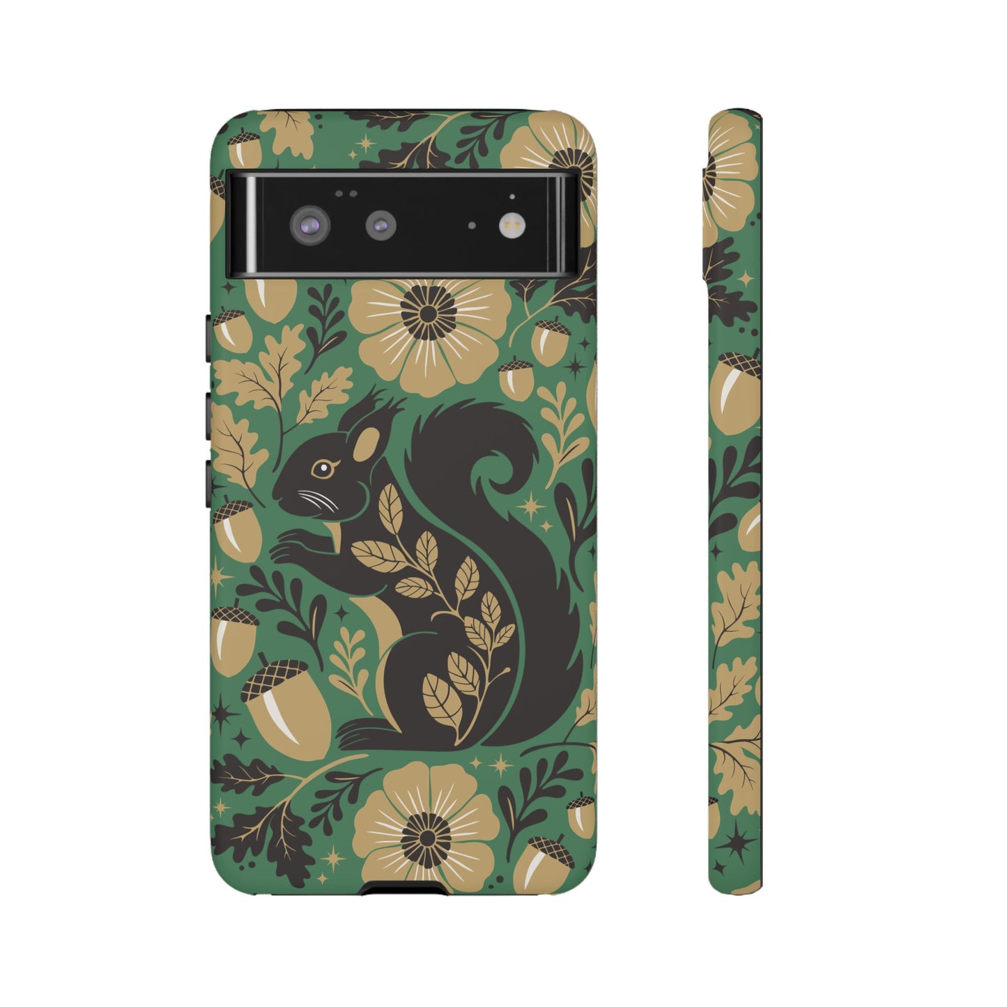 Green Squirrel Floral Pattern Cell Phone Case | Botanical Folk Art Acorn Leaves Design, Iphone Google Pixel Samsung Cases Matte Finish