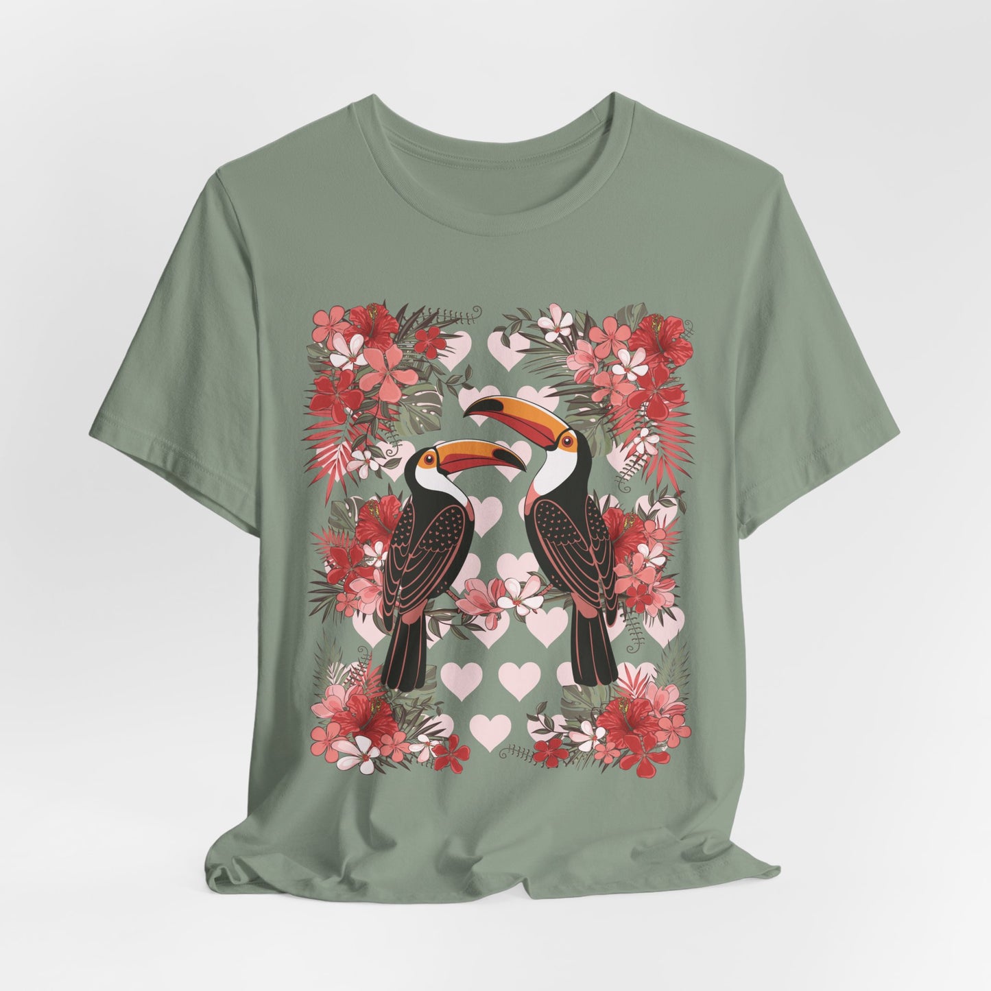 Toucan Tropical Love Birds T-shirt, Casual Summer Shirt, Gift for Bird Lovers, Vacation Wear, Floral Nature Inspired Tee