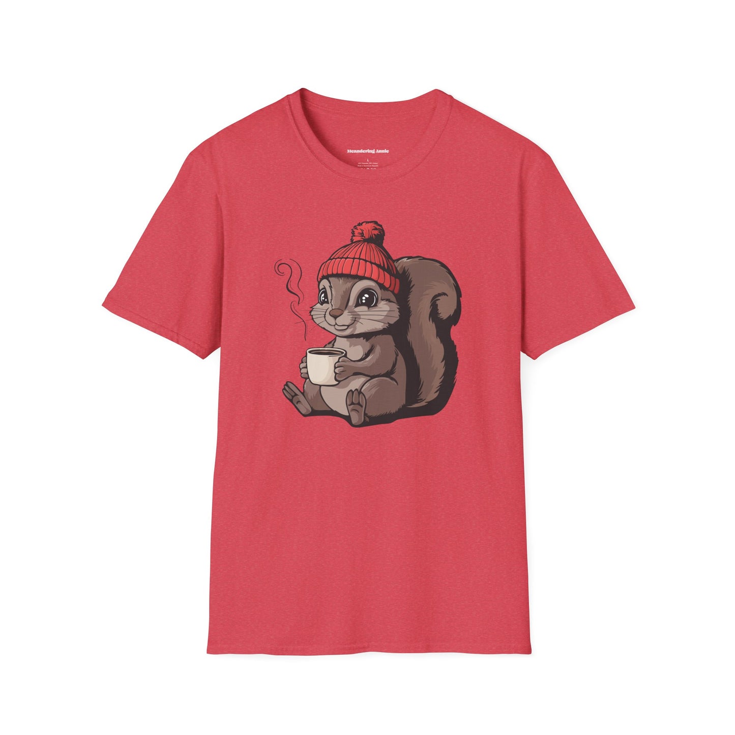 Cozy Squirrel Soft T-shirt Softstyle Tee with Squirrel in Beanie with Cup Of Coffee Graphic Print