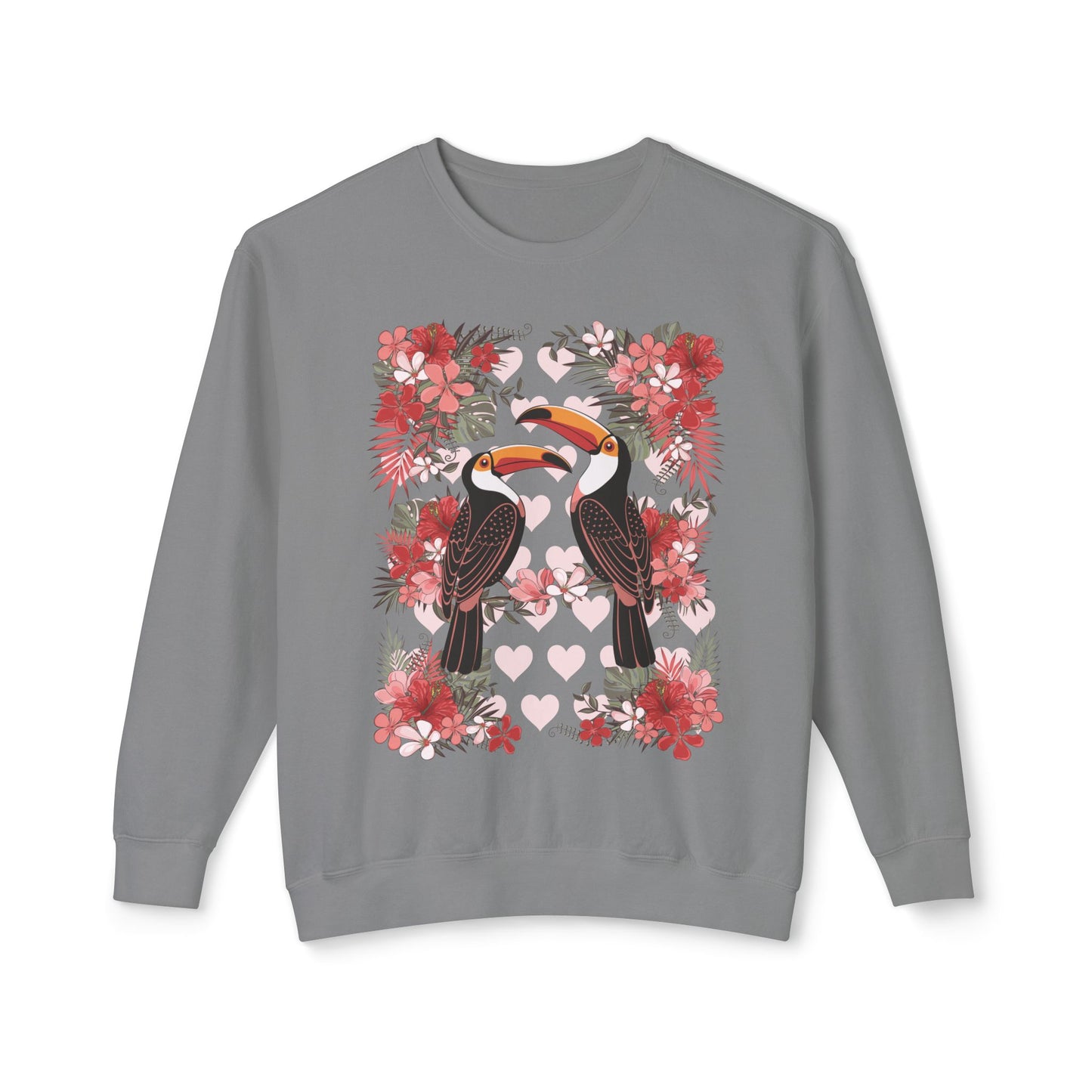 Toucan Tropical Love Birds Floral Crewneck Sweatshirt, Cute Sweatshirt Summer Vibes, Jungle Flowers Toucans Sweatshirt