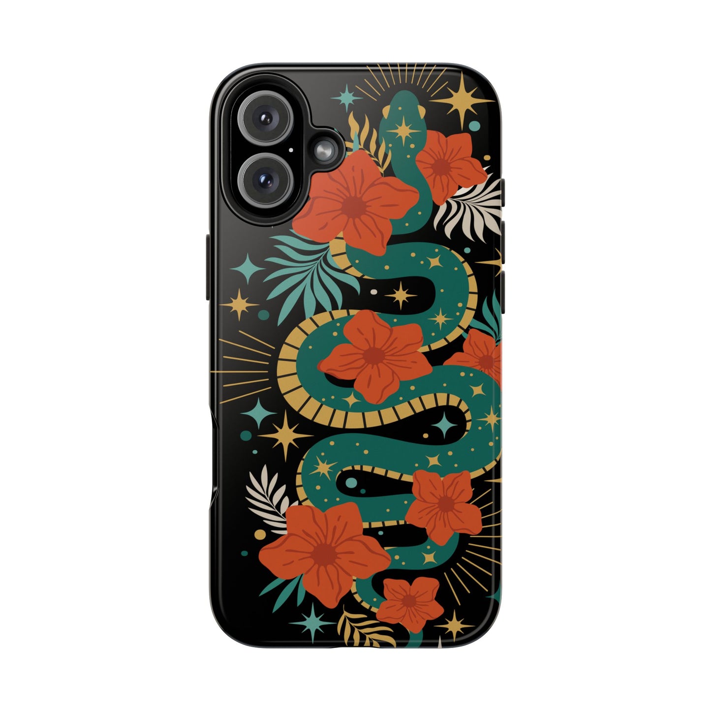 Mystic Snake Cell Phone Case, Black Tough Phone Cases Boho Serpent Snakes Floral Design