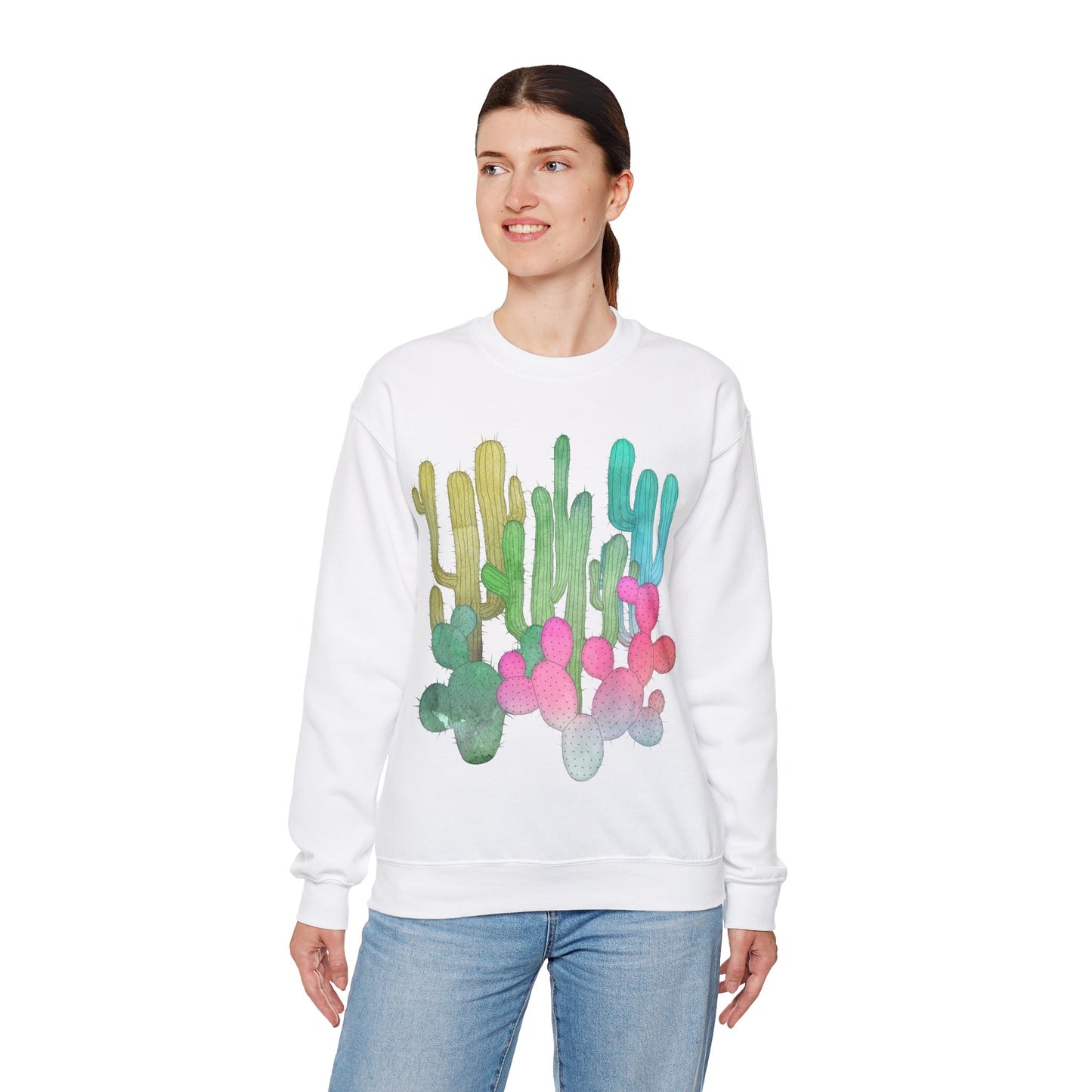 Cactus Garden Arizona Desert Crewneck Pullover Sweatshirt Colorful Saguaro Cactus Print