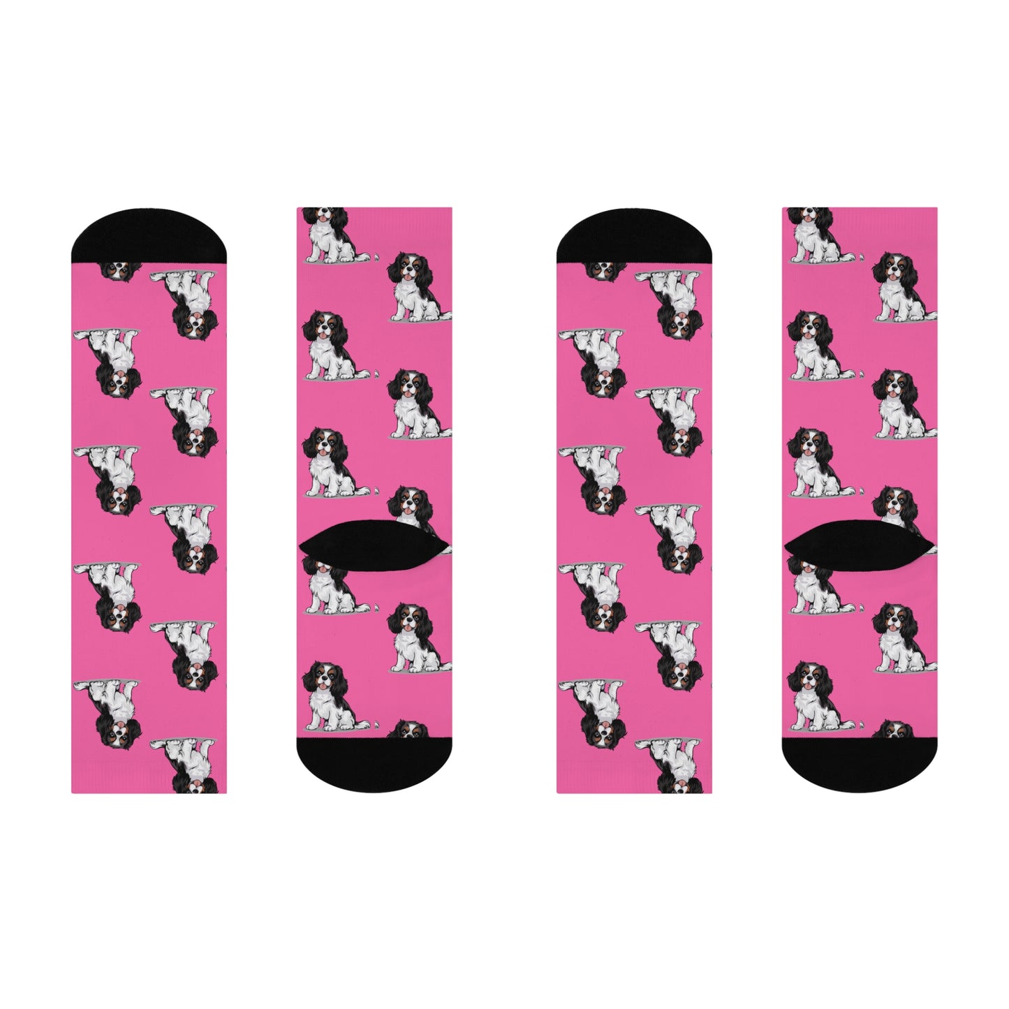 Charlie Tricolor Cavalier King Charles Spaniel Dog Pattern Pink Cushioned Crew Socks with Pet Dogs Cavalier Puppy Print