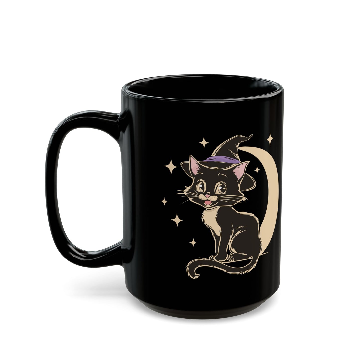 Witchy Kitty Black Ceramic Coffee Mug (11oz, 15oz) with Halloween Black Cat with Witch Hat & Moon Print