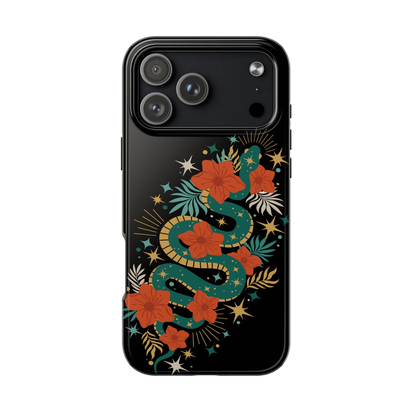 Mystic Snake Cell Phone Case, Black Tough Phone Cases Boho Serpent Snakes Floral Design