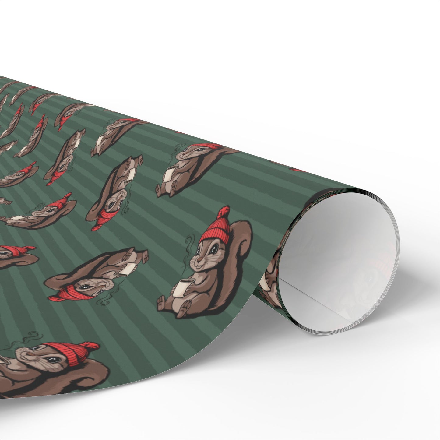 Cozy Squirrel Holiday Wrapping Paper, Cute Animal Green Striped Christmas Gift Wrap Roll Woodland Squirrels Pattern, Matte Finish