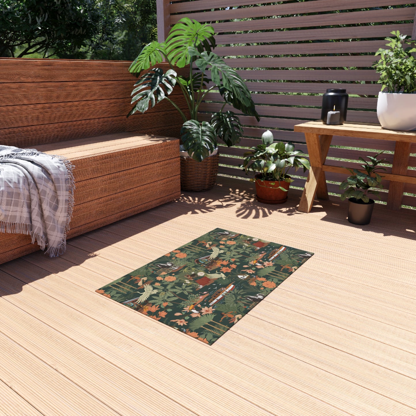 Tropical Nomad Jungle Pattern Outdoor Rug | Botanical Palms & Birds Pattern Patio Deck Rugs