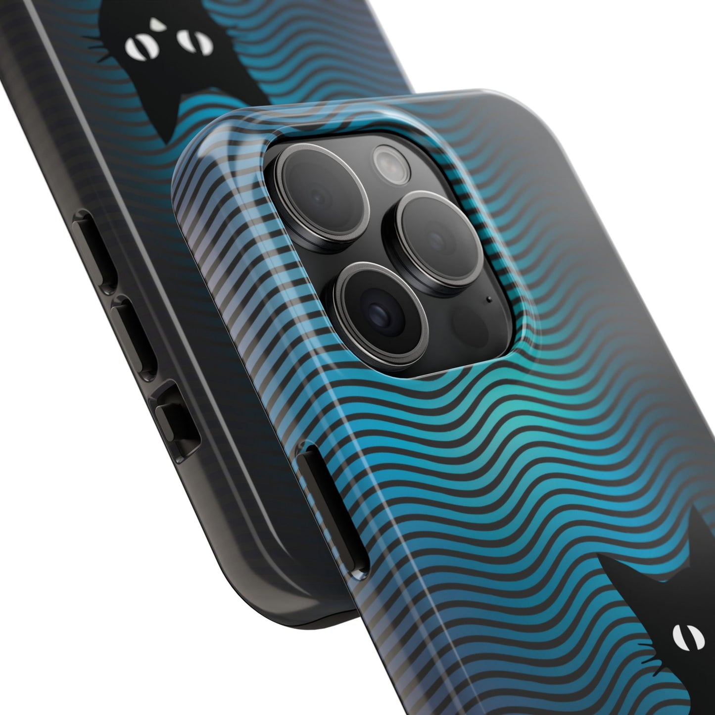 Black Cat Cell Phone Case | Peeking Kitty Graphic on Wavy Teal Background