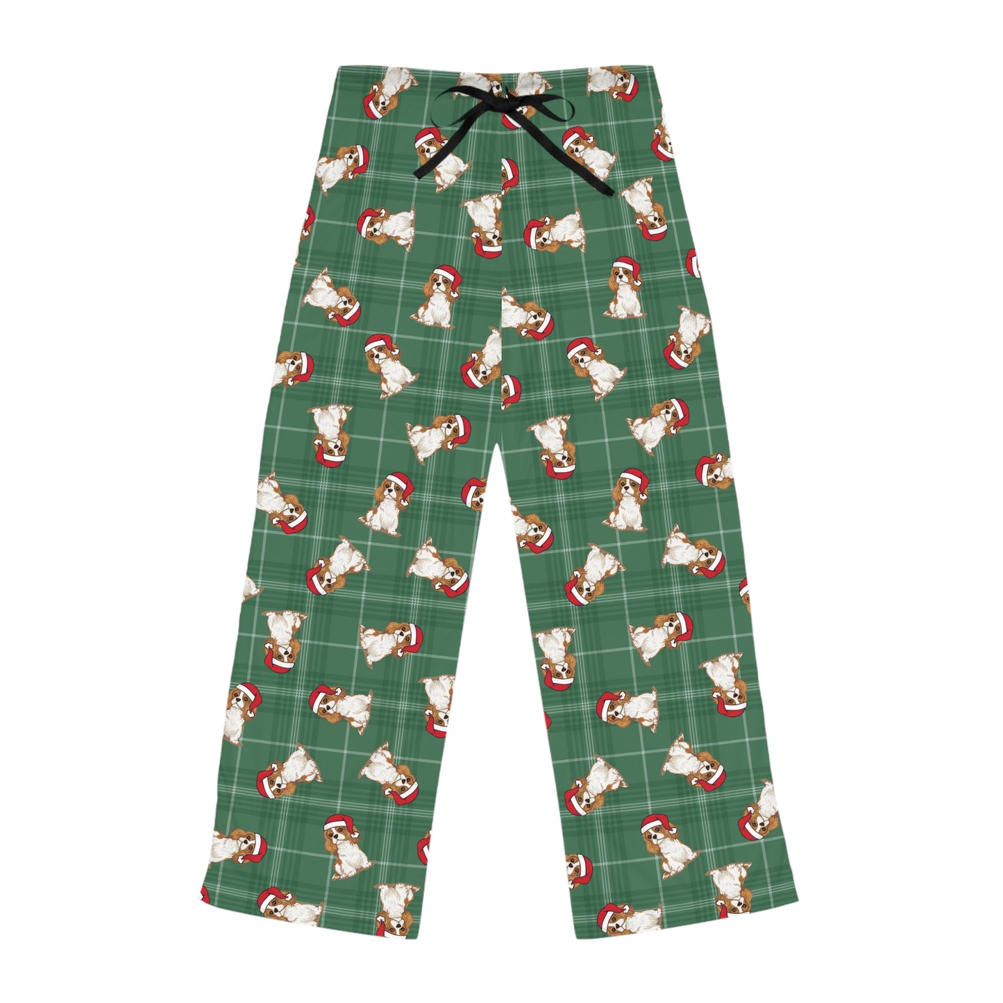 Blenheim Cavalier King Charles Spaniel Dog Womens Christmas Green Plaid Pajama Pants, Santa Dogs PJ Bottoms