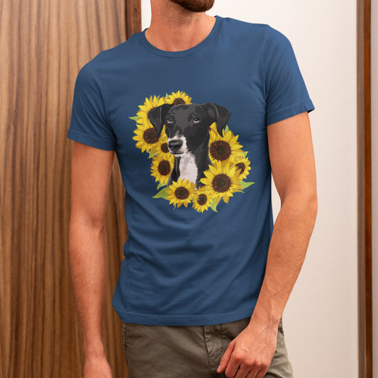 Marley Dog in Sunflowers Garment-Dyed T-shirt with Black Lab and Sunflower Art Print