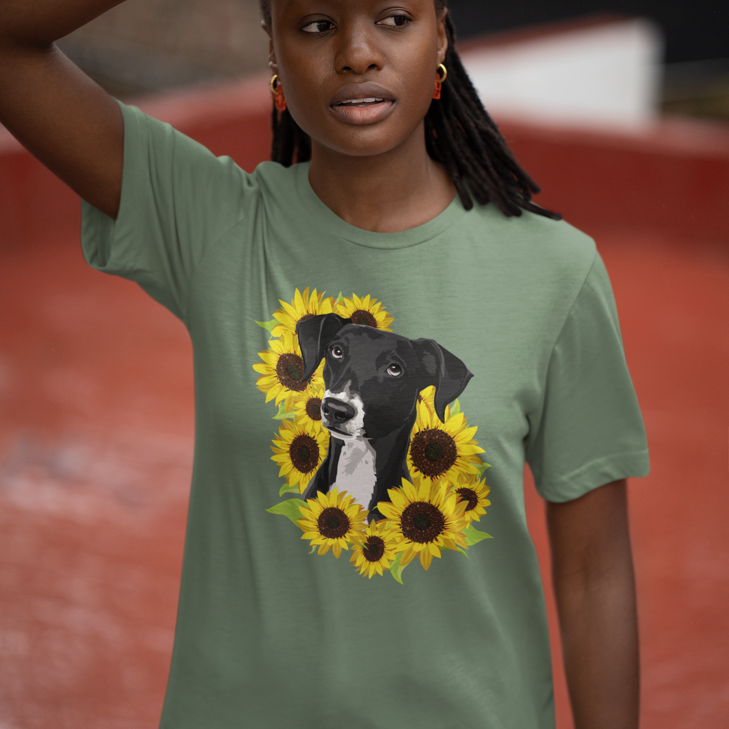 Marley Dog in Sunflowers Garment-Dyed T-shirt with Black Lab and Sunflower Art Print