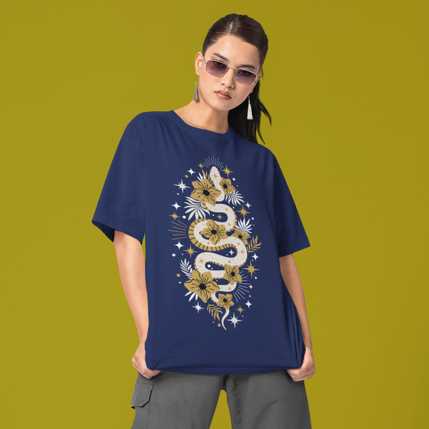 Boho Golden Snake Stars Flowers Cotton Tee, Unisex T-Shirt, Hippie Graphic Print Shirt, Bohemian Festival Top, Celestial Serpent Tee