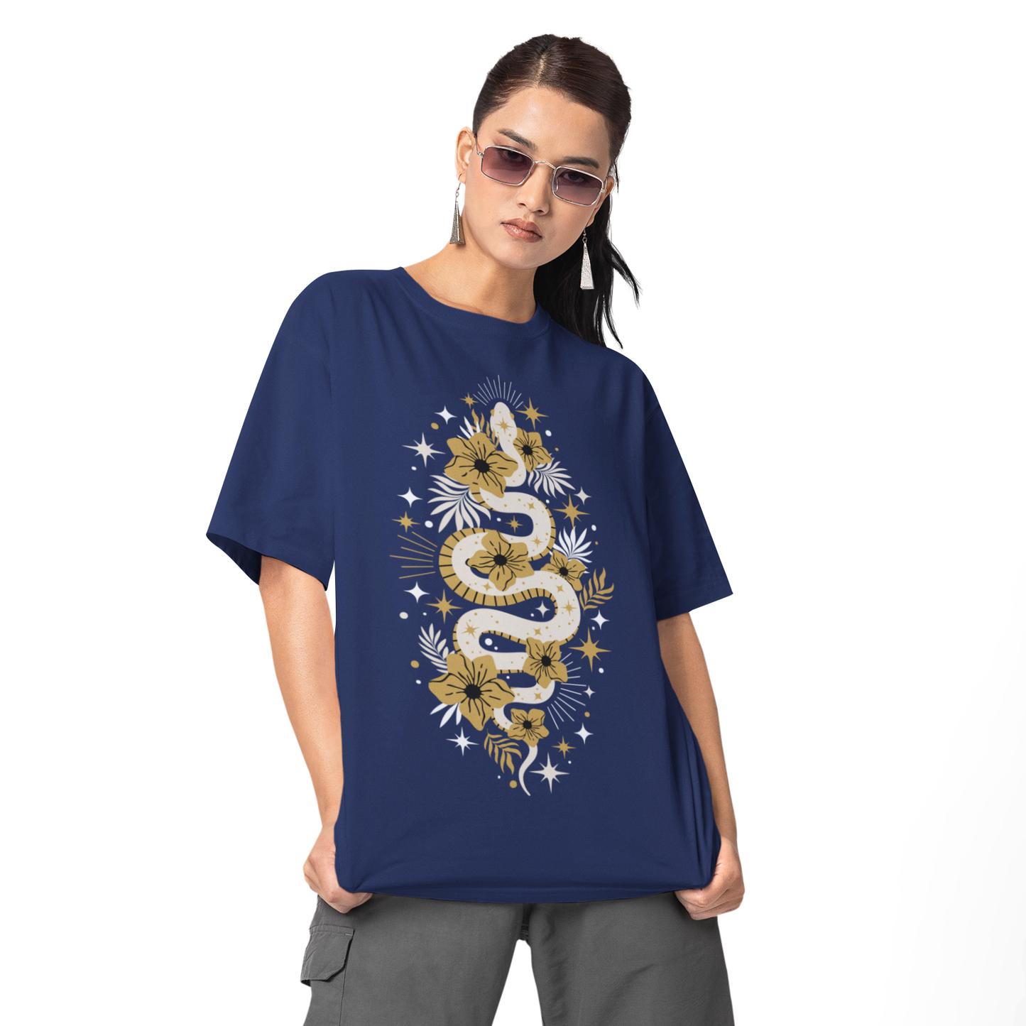 Boho Golden Snake Stars Flowers Cotton Tee, Unisex T-Shirt, Hippie Graphic Print Shirt, Bohemian Festival Top, Celestial Serpent Tee