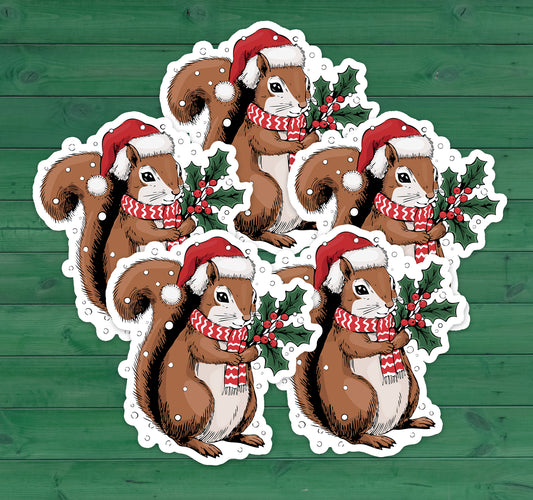2" Santa Squirrel Christmas Stickers, 5, 10, 20 Pack Winter Holiday Squirrels Vinyl Decal Waterproof Sticker Stocking Stuffer Xmas Gift Idea