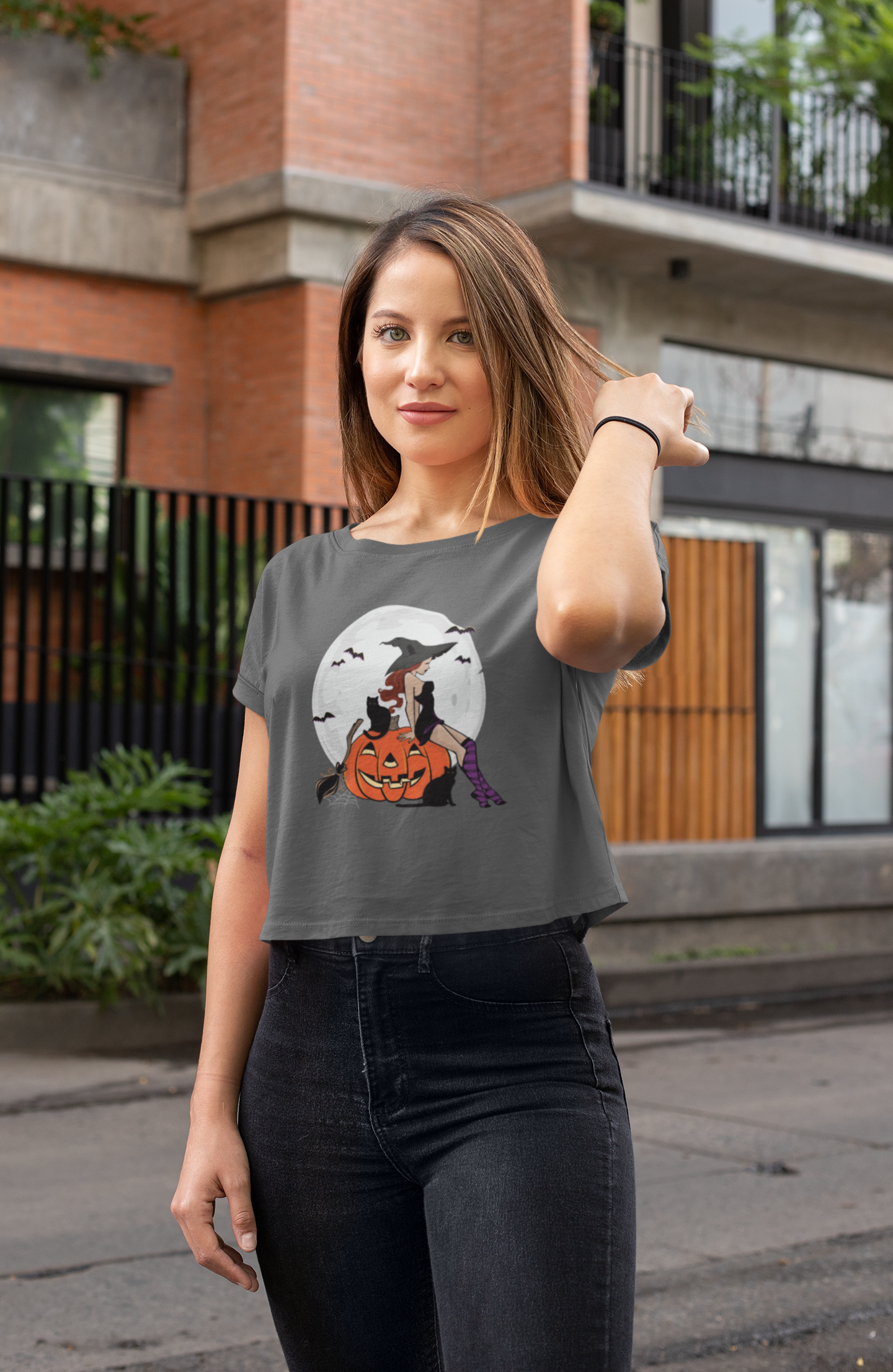 Pinup Witch Halloween Jack-O-Lantern Women's Festival Crop Top Wtichy Cropped T-shirt