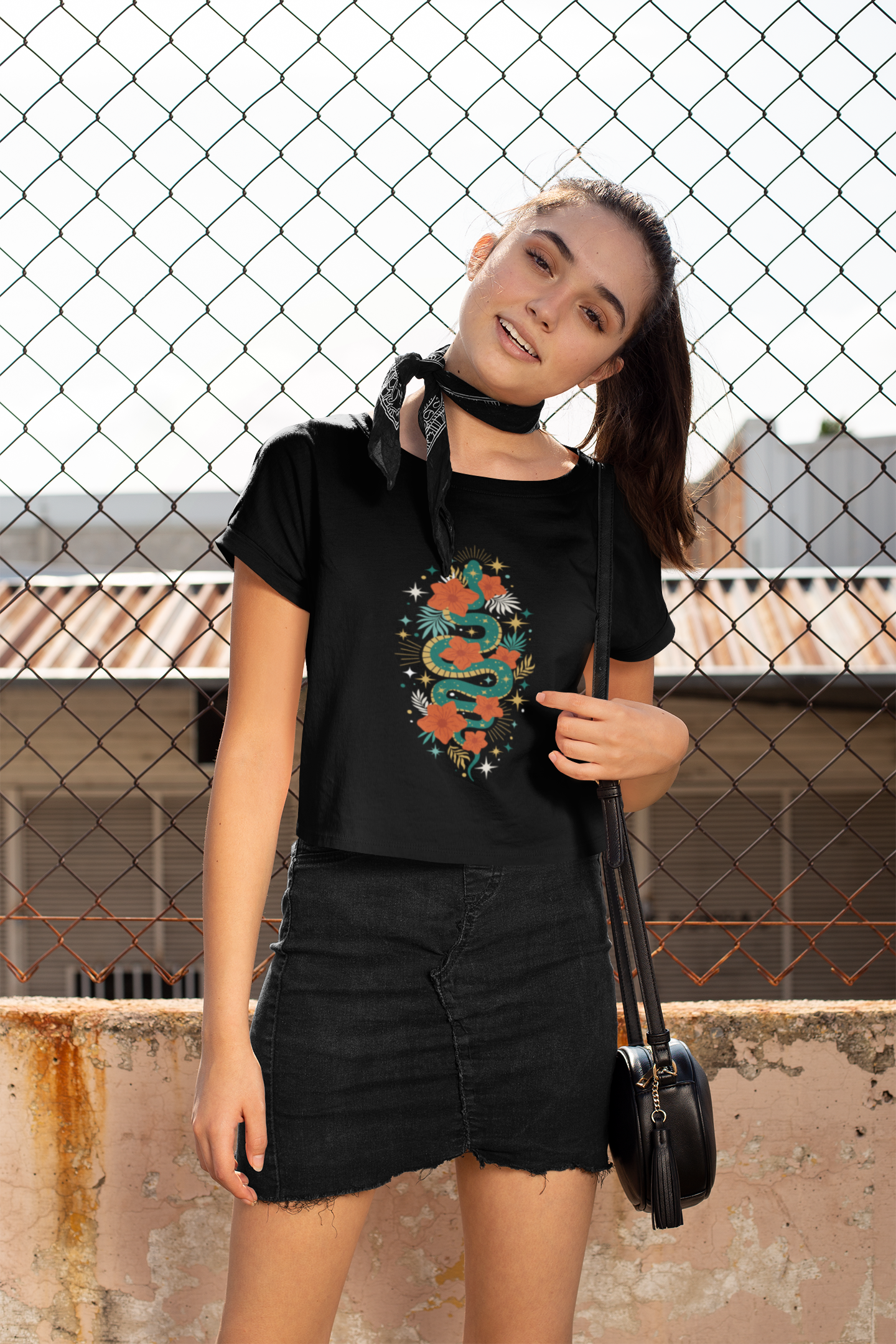 Mystic Jade Snake Women's Boho Crop Top, Festival T-shirt, Bohemian Serpent Shirt, Hippie Tee, Occult Cropped Shirt, Festival Clothing