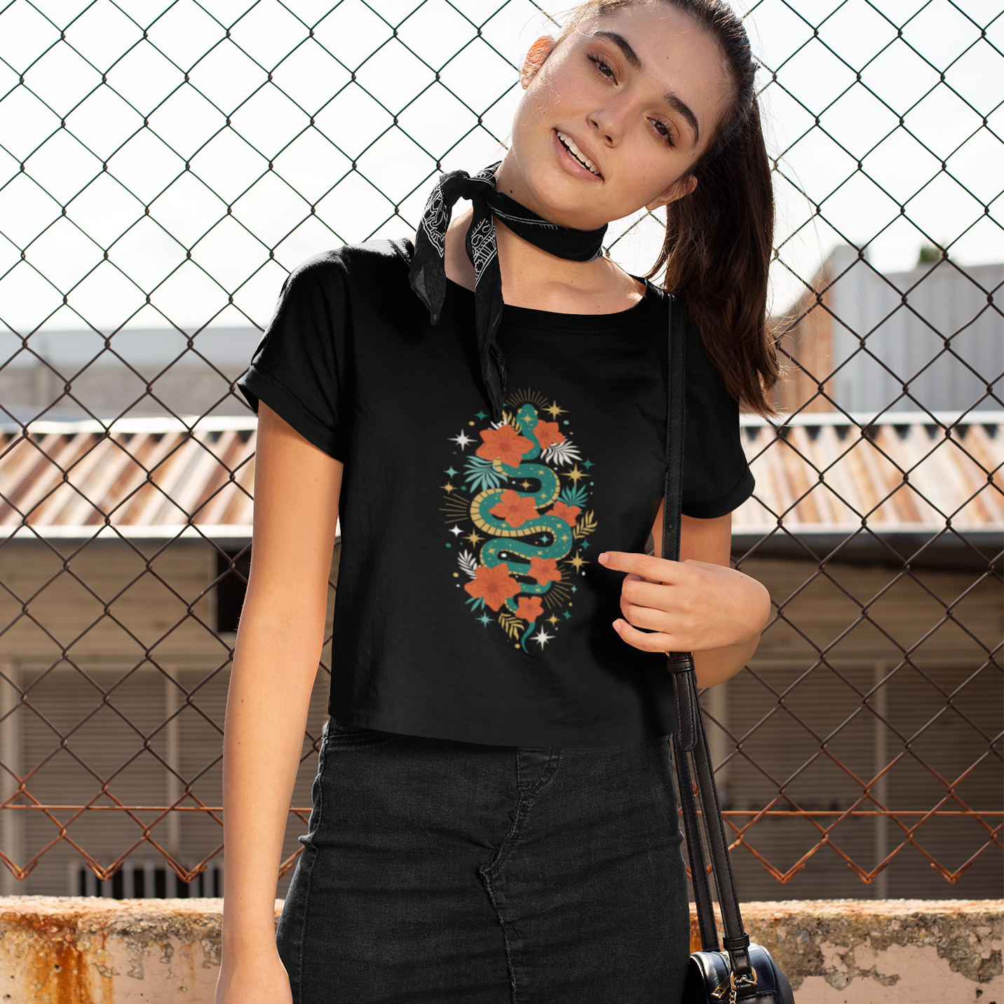 Mystic Jade Snake Women's Boho Crop Top, Festival T-shirt, Bohemian Serpent Shirt, Hippie Tee, Occult Cropped Shirt, Festival Clothing