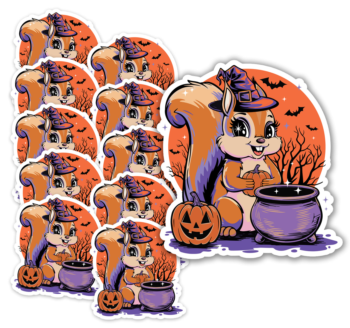 2" Witchy Squirrel Stickers Bundle Packs - Waterproof, Fade-Resistant Decal Stickers Spooky Halloween Witch Squirrels