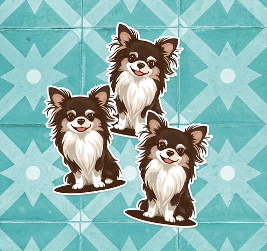 2" Long Haired Chihuahua Puppy Dog Stickers Vinyl Stickers Multi Pack, Small Brown Long Coat Chihuahuas Dogs Decal Sticker - 3, 5, 10 Piece