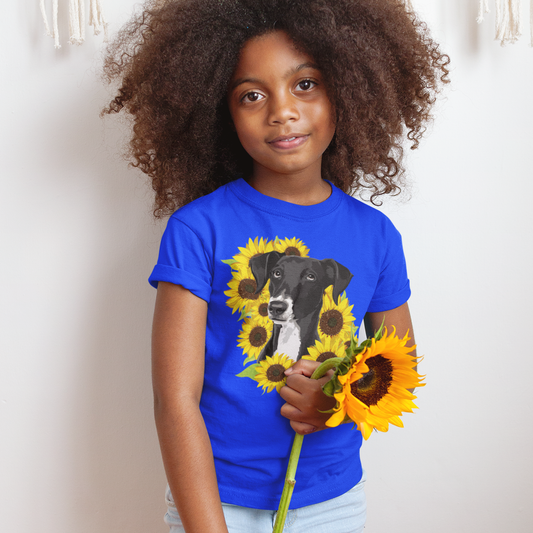 Marley Black Lab Dog with Sunflowers Kids T-shirt - Childrens Graphic Tee with Labrador Retriever Mix Dog with Flowers