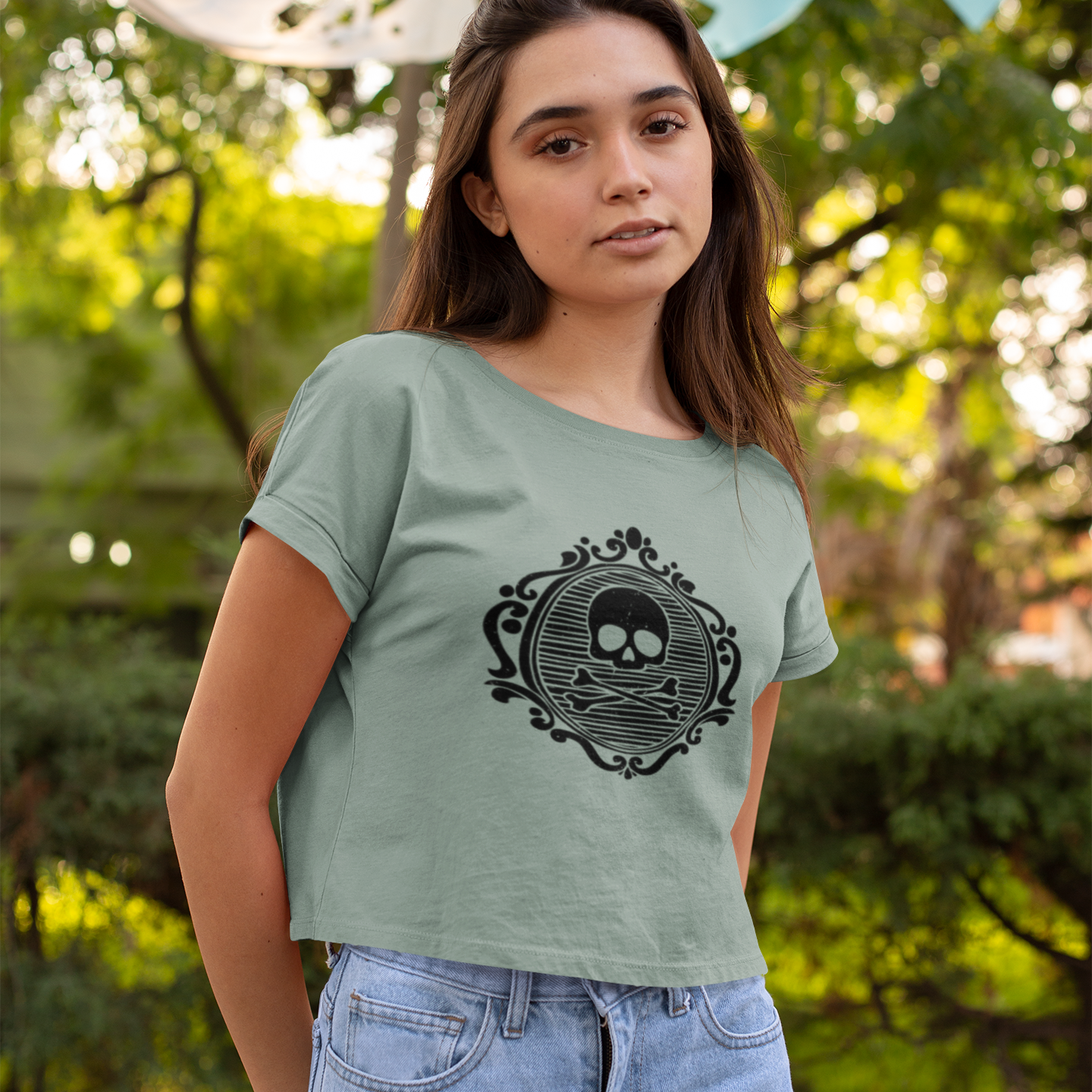 Gothic Skull Crop Top, Festival Shirt, Women's Halloween Boho Tee, Vintage Cameo Skulls Cropped T-Shirt, Alternative Fashion