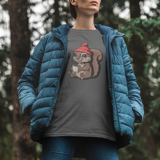 Cozy Squirrel Soft T-shirt Softstyle Tee with Squirrel in Beanie with Cup Of Coffee Graphic Print