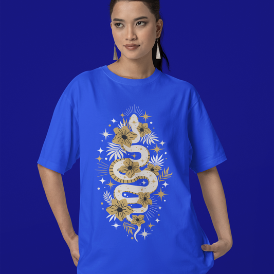 Boho Golden Snake Stars Flowers Cotton Tee, Unisex T-Shirt, Hippie Graphic Print Shirt, Bohemian Festival Top, Celestial Serpent Tee