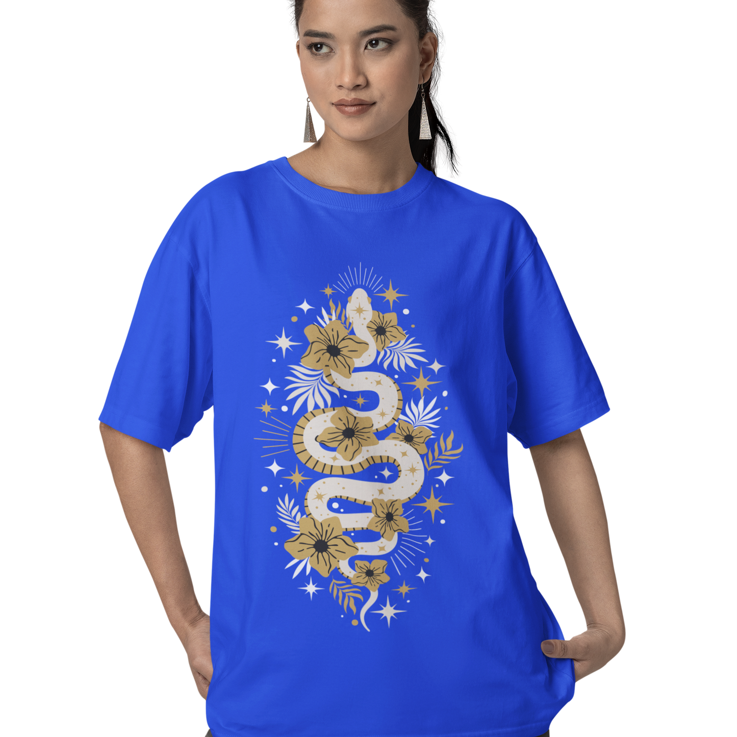 Boho Golden Snake Stars Flowers Cotton Tee, Unisex T-Shirt, Hippie Graphic Print Shirt, Bohemian Festival Top, Celestial Serpent Tee