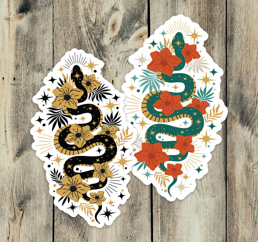 4" Mystic Snake Stickers 2 Pack - Boho Serpent Snakes & Flowers Decal Stickers