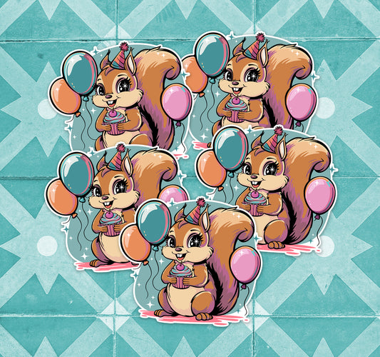 2.5" Birthday Squirrel Stickers 5, 10, 20 Pack - Party Squirrels Vinyl Decal Stickers B-day Celebration Squirrels Party Favors Gifts Kids