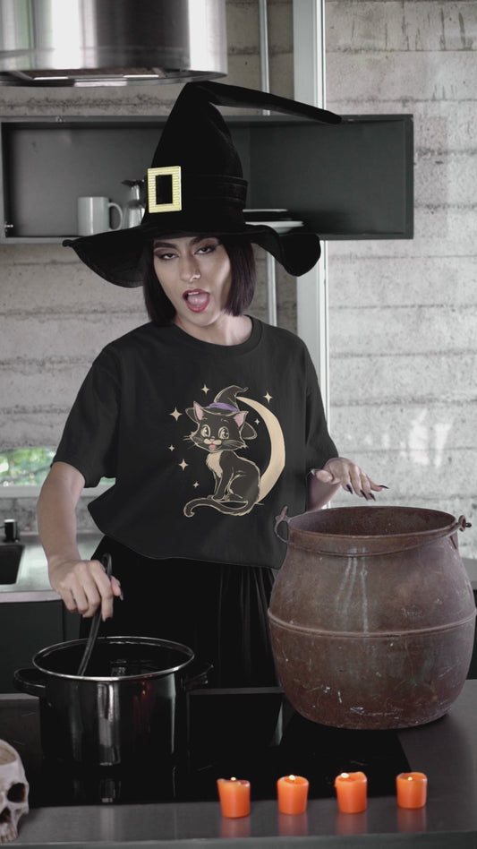 Witchy Kitty Cotton T-Shirt - Black Cat Halloween Graphic Tee with Retro Kitten and Witch Hat with Spooky Crescent Moon Print