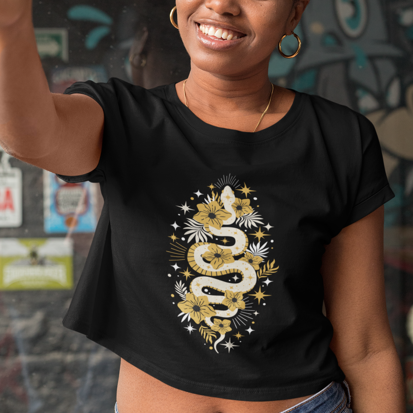 Mystic Golden Snake Women's Boho Crop Top, Festival T-shirt, Bohemian Serpent Shirt, Hippie Tee, Occult Cropped Shirt, Festival Clothing