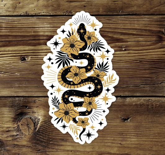 4" Mystic Gold Snake Sticker - Waterproof, Fade-Resistant Decal Stickers Boho Snakes Flowers Design