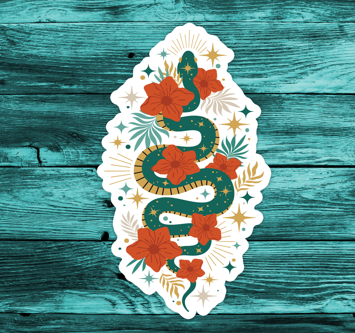 4" Mystic Jade Snake Sticker - Waterproof, Fade-Resistant Decal Stickers Boho Snakes Flowers Design