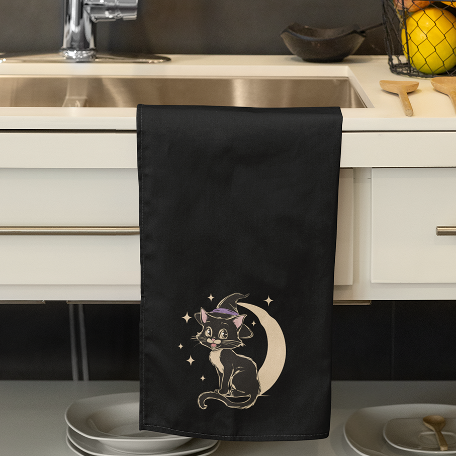 Witchy Kitty Microfiber Kitchen Hand Tea Towel with Spooky Halloween Black Cat with Witch Hat and Moon Print