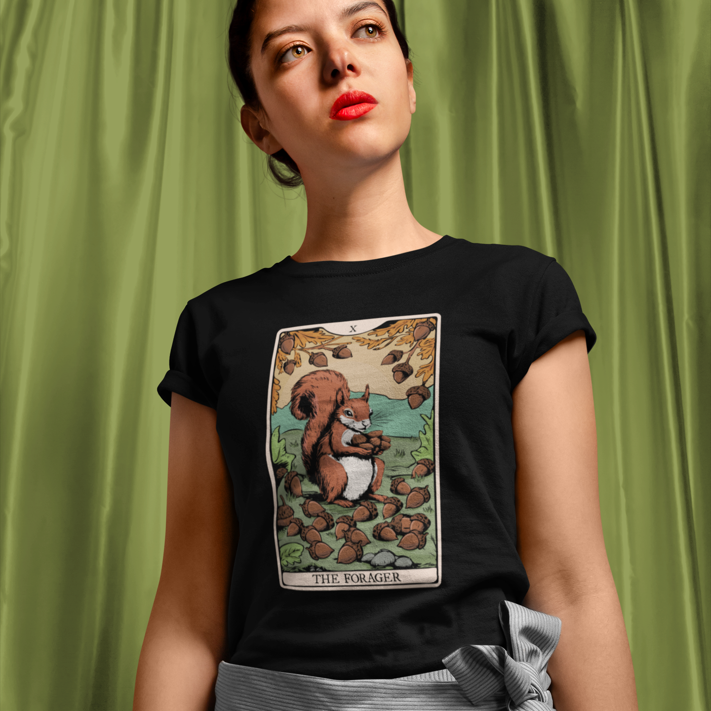 The Forager Squirrel Tarot Card Women's Soft Cotton T-shirt Graphic Tee with Nut Foraging Squirrels Tarot Card Print