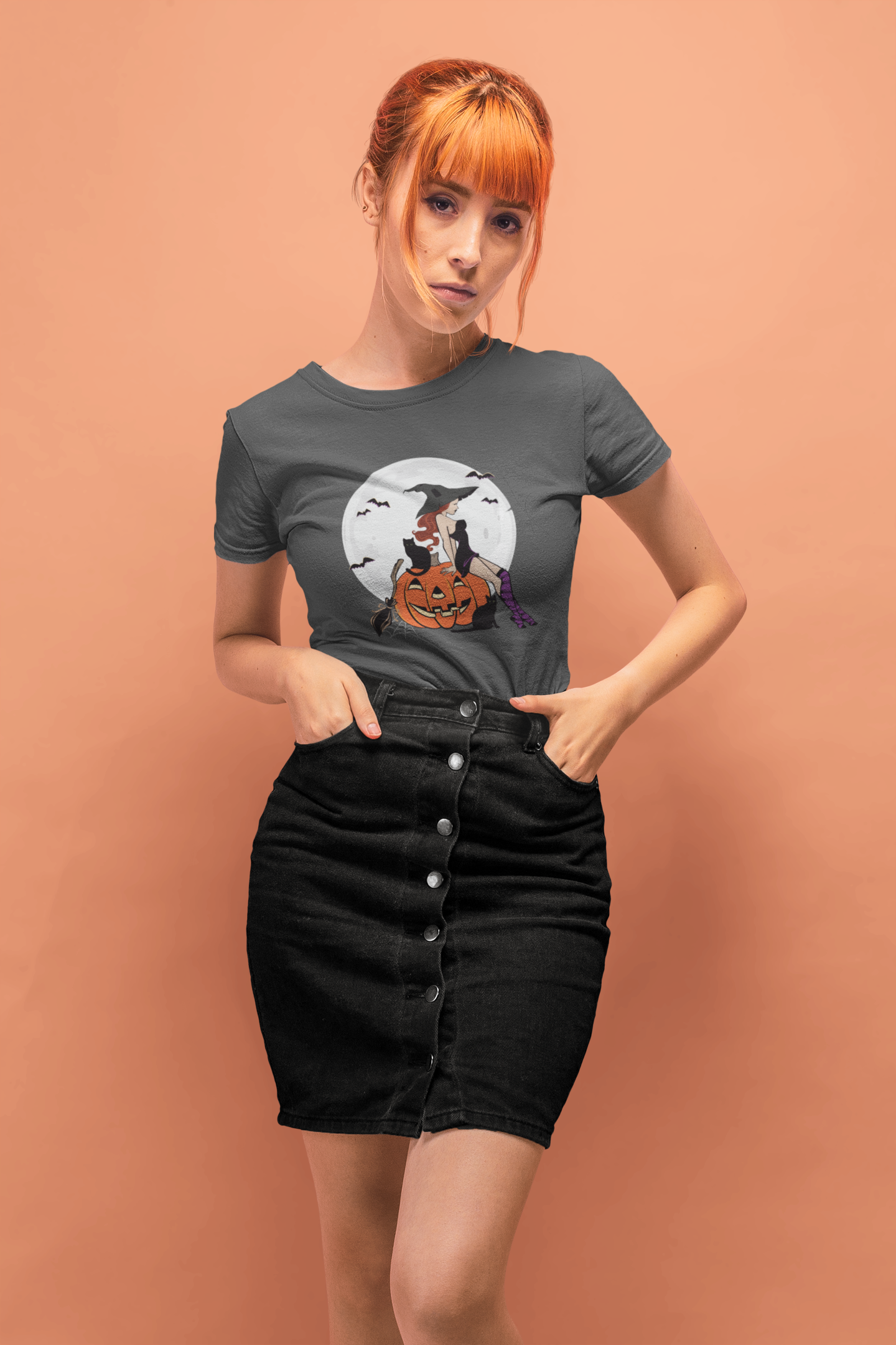 Pinup Witch Halloween Jack-O-Lantern Women's Soft Cotton Fitted T-shirt