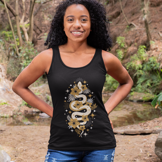 Mystic Golden Snake Women's Racerback Boho Tank Top, Ideal for Bohemian Style, Festival Clothing, Yoga Top, Gift for Her, Summer Fashion