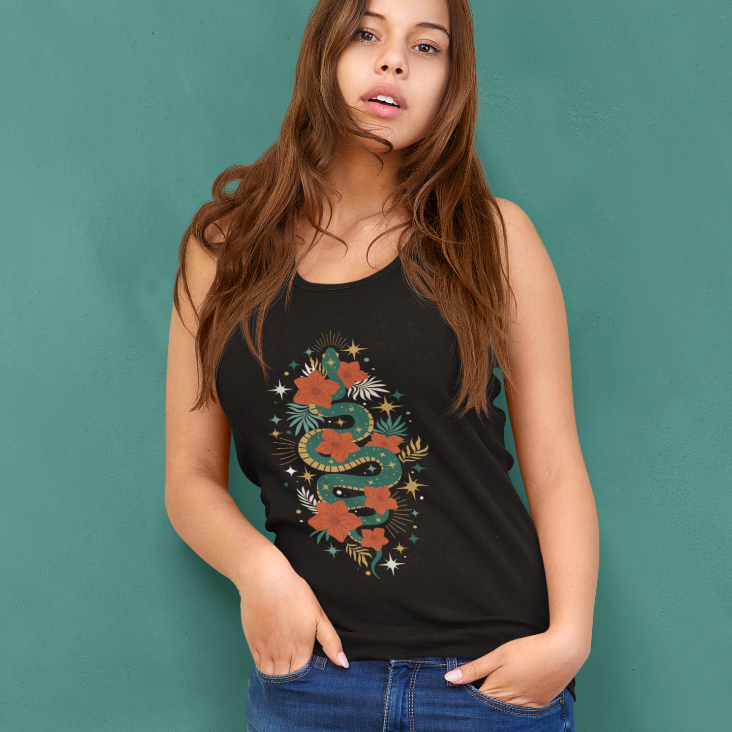 Mystic Jade Snake Women's Racerback Boho Tank Top, Ideal for Bohemian Style, Festival Clothing, Yoga Top, Gift for Her, Summer Fashion