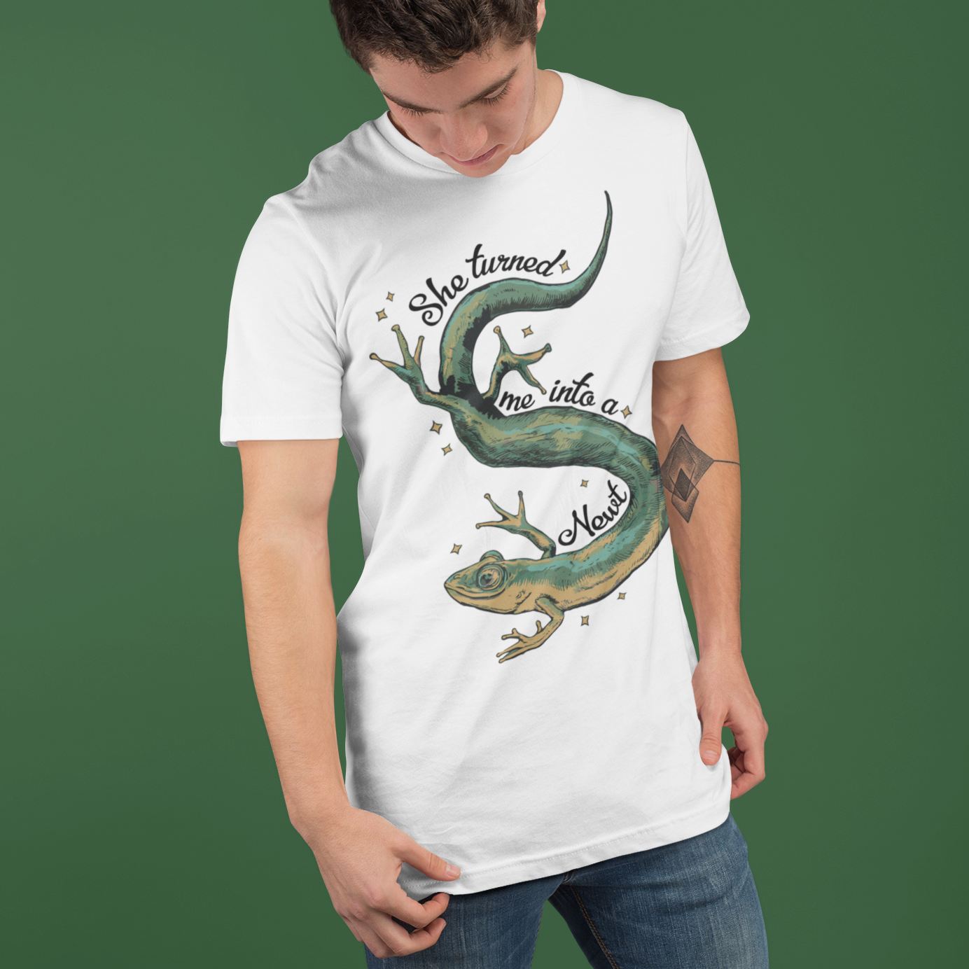 She Turned Me Into A Newt T-shirt Unisex Jersey Short Sleeve Tee Mens Womens Shirt with Newt Design